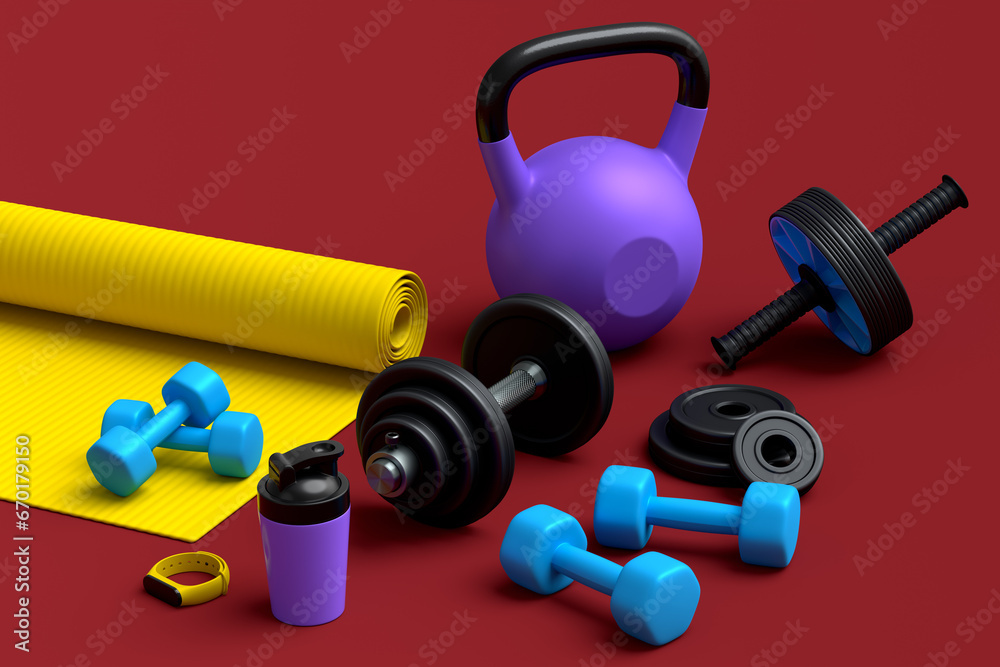 Isometric view of sport equipment like kettlebell, fitness ball and yoga mat Isometric view of sport equipment like kettlebell, fitness ball and yoga mat