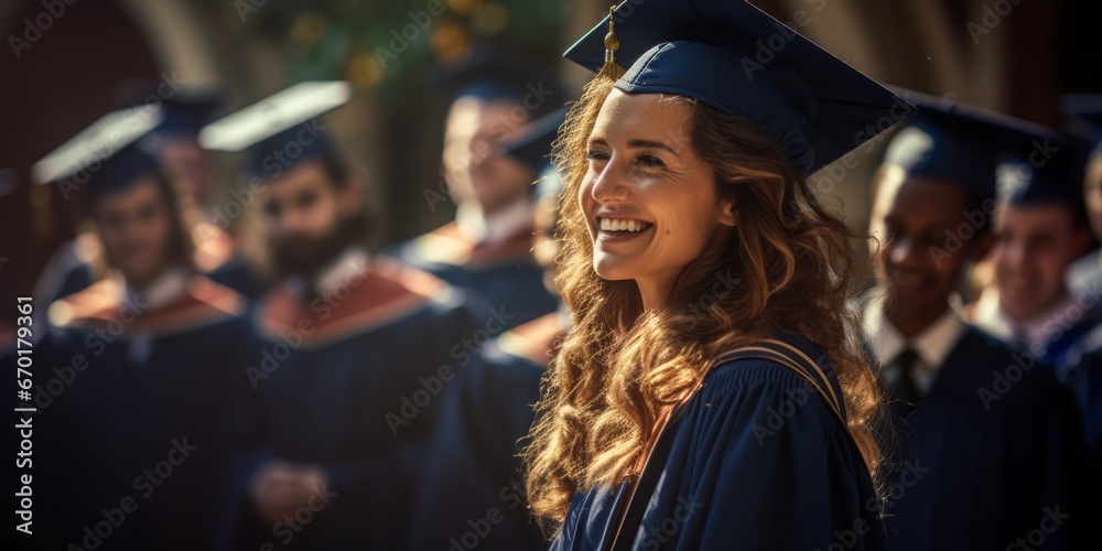 Fototapeta premium Celebrating Success: A University Graduate Laughs in Front of a Proud Audience of Students