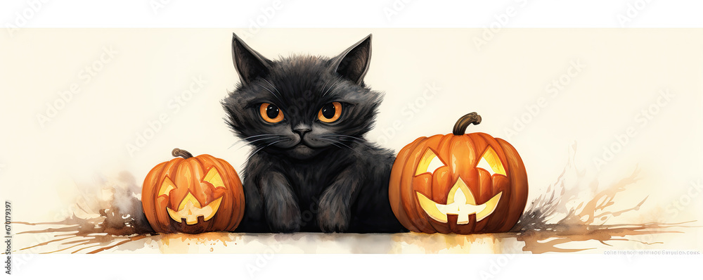 Fototapeta premium Black cat with pumpkins in halloween time. cartoon stzly photo