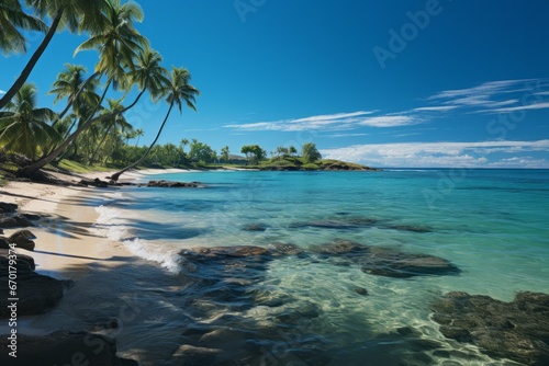 Tropical beach on south side of Samoa Island with coconut palm trees.