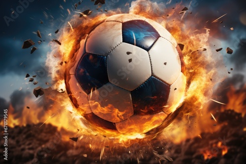 Soccer ball with dynamite bursting in the background  Explosion.