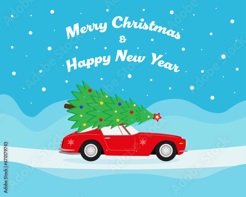 Merry Christmas and New Year design. Christmas car with New Year tree. Color vector illustration in cartoon flat style.	