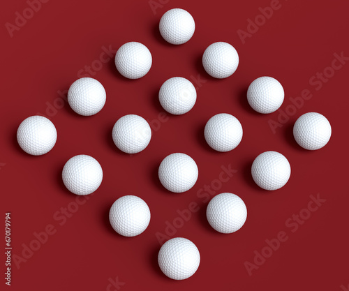 Set of golf ball lying in row on red background