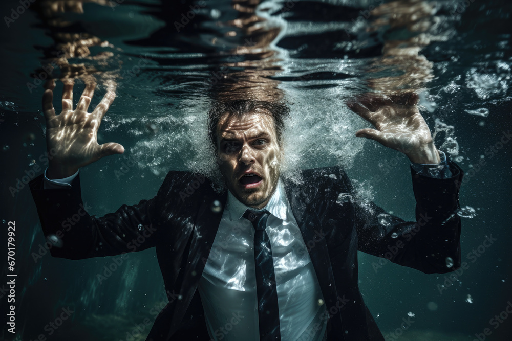 © ADDICTIVE STOCK - Generative AI illustration of frustrated male entrepreneur in elegant suit underwater while screaming and looking at camera