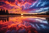 Vibrant sunset above Minnesota lake. Generative AI