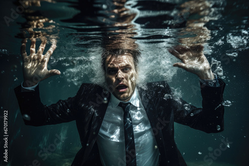 Generative AI illustration of frustrated male entrepreneur in elegant suit underwater while screaming and looking at camera photo
