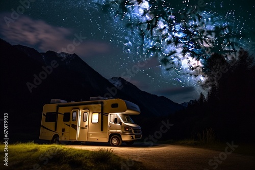 Enjoy tranquil retirement in cozy motorhome amidst starry night amidst mountains for perfect relaxation and recreation. Generative AI