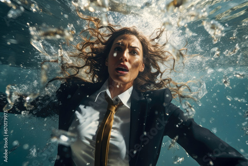 Generative AI illustration of frustrated female entrepreneur in elegant suit underwater with mouth opened and looking away photo