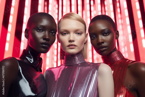 Generative AI image of futuristic trio in neon-lit high fashion photo