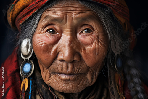 Generative AI image of an elderly indigenous woman wearing a colorful headscarf and traditional jewelry, gazing intently to the camera