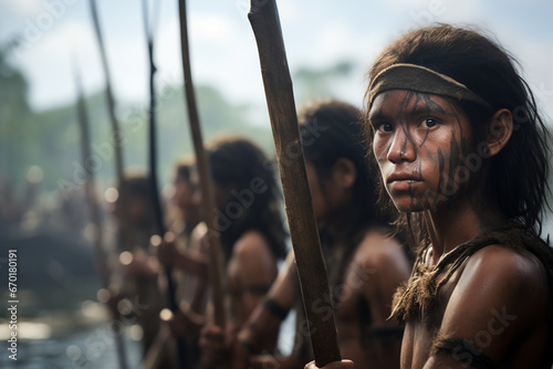 Side view of generative AI image of a young indigenous girl from the Amazon rainforest holding a spear, with fellow tribe members in the background photo