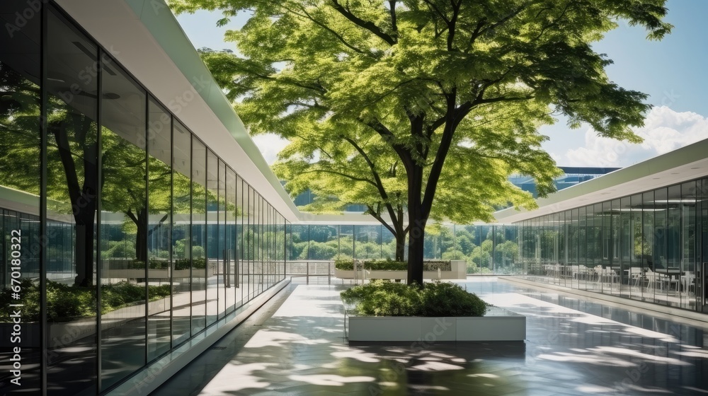 Cityscape with greenery, Trees and green environment in eco-friendly modern office.