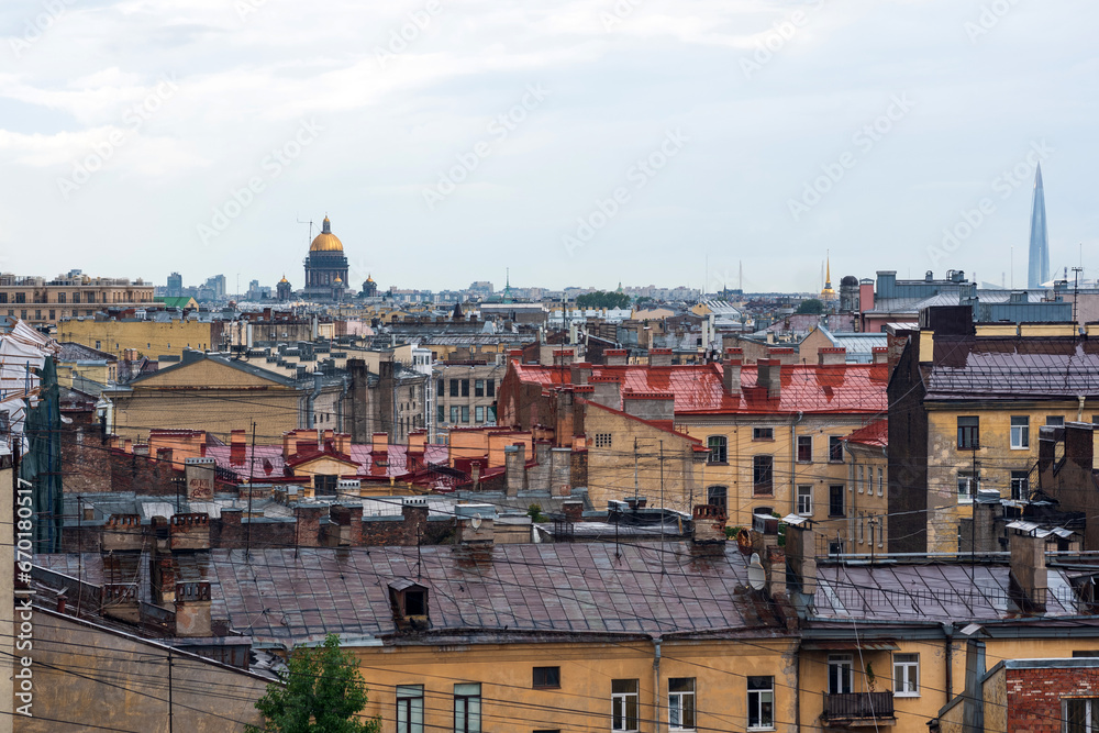  top view of the city roofs in the historical center of Saint Petersburg with rainy sky