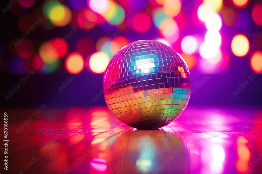 Obraz premium Disco ball against bright lights background.