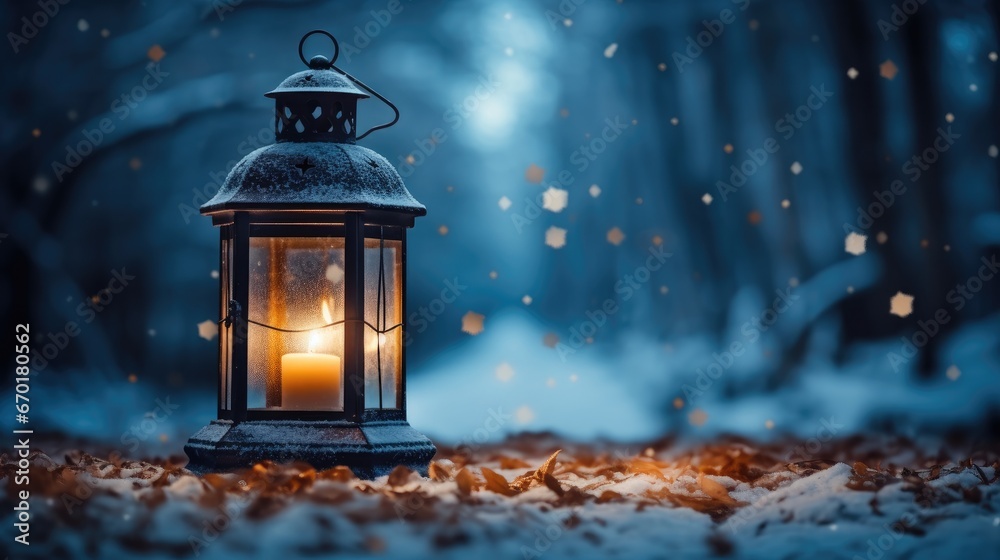 Winter lantern on snow, background, banner.