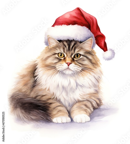 Watercolor cute Christmas angry cat kitten character sitting on pillows in Santa Claus costume isolated on white background