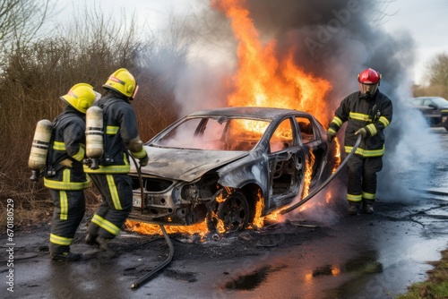 Firefighters extinguish a burning car on the road. fire