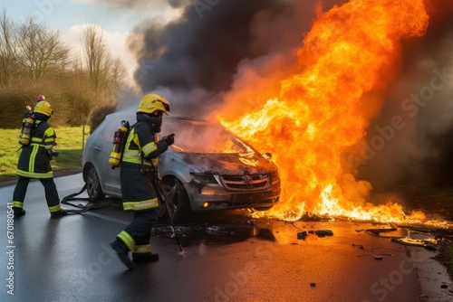 Firefighters extinguish a burning car on the road. fire