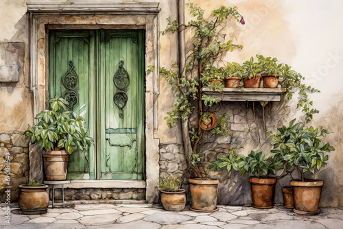 Generative AI image of a rustic and weathered facade in Tuscany, Italy, showcasing an aged wooden door surrounded by crumbling walls and lush potted plants