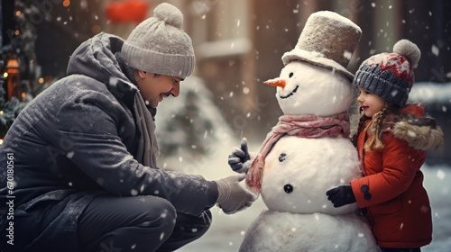 Small girl with father making a snowman with snow falling down © AnaV