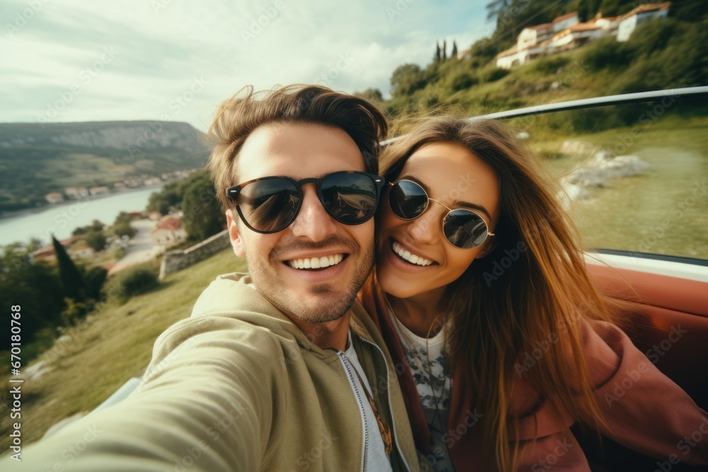 young happy couple in love newlyweds traveling on vacation taking selfie