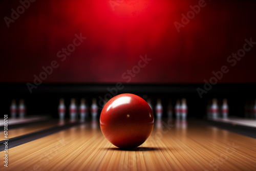 A red bowling ball sits on a wooden bowling alley.
