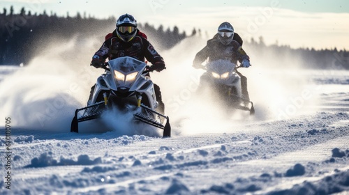 Two people riding on a snowmobile through the snowy frozen lake with snow floating from the speed
