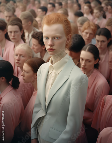Red-haired young woman positioned dominantly among a sea of people adorned in soft pink clothing. The ambiance exudes unity and distinction. Generative AI.