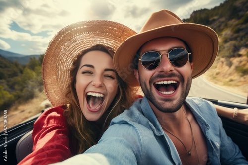young happy couple in love newlyweds traveling on vacation taking selfie photo
