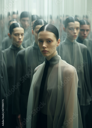 Ethereal portrayal of a woman surrounded by mirror reflections creating an endless loop. The muted tones evoke a sense of mystery. Generative AI.
