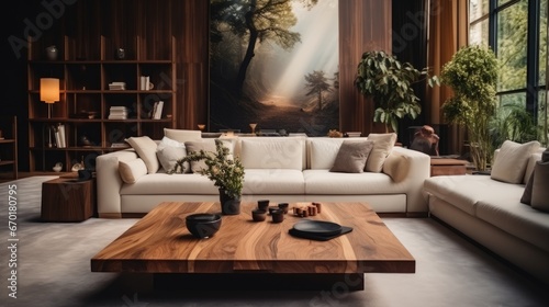 Interior design of modern living room  Wooden coffee table and two velvet sofas.