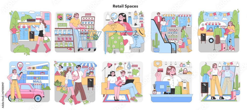 Retail Spaces set. Shoppers exploring city stores, checking out deals, and purchasing goods. Modern consumer experience. Urban shopping adventures. Friendly retail encounters. Flat vector illustration
