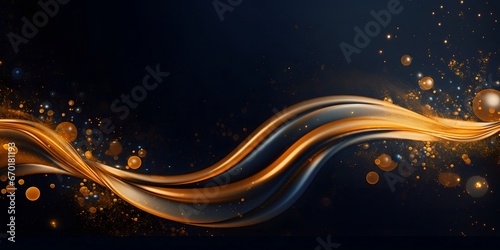 Luxury Gold swirls waves on blue background. Shiny golden sparkling water droplets backdrop for copy space and text. Special effects web banner for luxury beauty salon products Halloween orange yellow