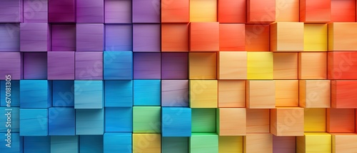 Abstract geometric rainbow colors colored 3d wooden square cubes texture wall background banner illustration panorama long  textured wood wallpaper