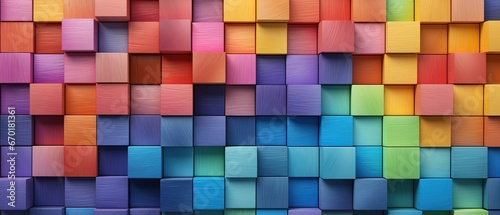 Abstract geometric rainbow colors colored 3d wooden square cubes texture wall background banner illustration panorama long  textured wood wallpaper