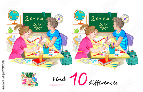Find 10 differences. Illustration of boy and girl studying at school. Logic puzzle game for children and adults. Page for kids brain teaser book. Task for attentiveness. Flat vector cartoon drawing.
