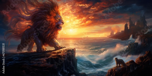 Epic Clash of Titans  Majestic Lion Battles a Fiery Phoenix on a Coastal Cliff Overlooking the Ocean