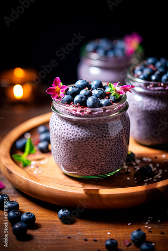 An jars of blueberry chia pudding on a cutting board. Generative AI