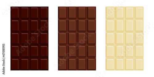 Set of three types of chocolate bars, dark milk and light with different colors. Vector illustration.
