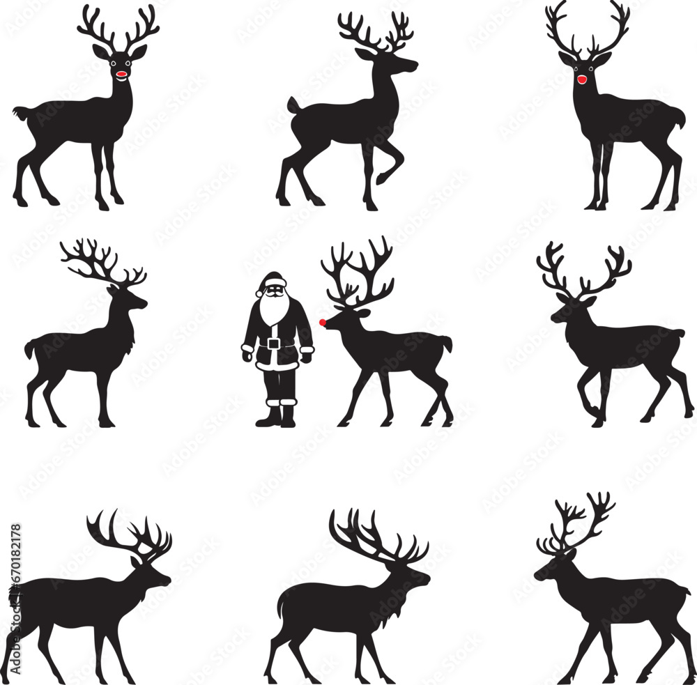 Santa's Reindeer Silhouettes Stock Vector Set - Christmas Reindeer Cutouts Bundle with Rudolph the rednose Reindeer- PNG, EPS, SVG and Illustrator AI Santa's Reindeer Silhouettes Stock Vector Set - Christmas Reindeer Cutouts Bundle with Rudolph the rednose Reindeer- PNG, EPS, SVG and Illustrator AI