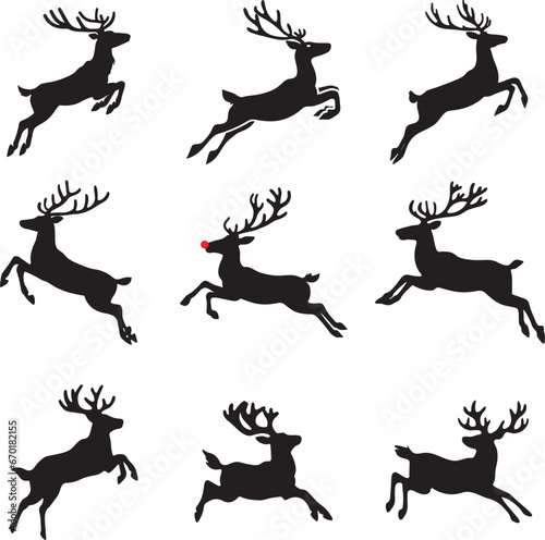 Jumping Flying Reindeer Silhouettes Stock Vector Set - Christmas Reindeer Cutouts Bundle - PNG, EPS, SVG and Illustrator AI