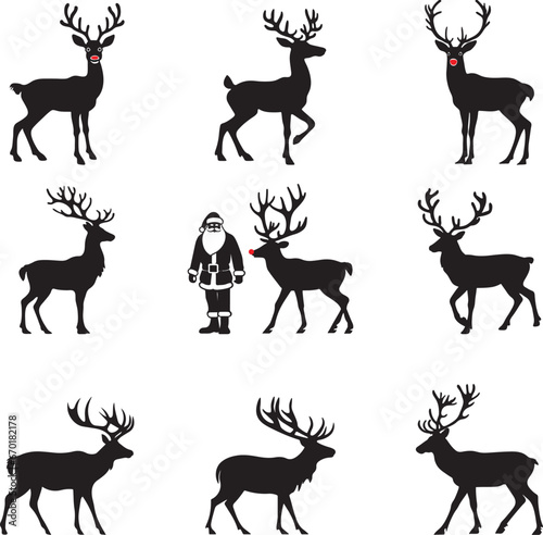 Santa's Reindeer Silhouettes Stock Vector Set  - Christmas Reindeer Cutouts Bundle with Rudolph the rednose Reindeer- PNG, EPS, SVG and Illustrator AI photo