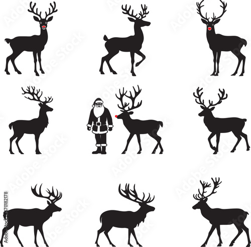 Santa's Reindeer Silhouettes Stock Vector Set  - Christmas Reindeer Cutouts Bundle with Rudolph the rednose Reindeer- PNG, EPS, SVG and Illustrator AI