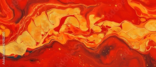 Abstract watercolor paint background illustration - Red, orange and white color and golden lines, with liquid fluid marbled swirl waves texture banner texture