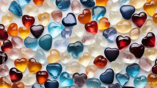 Many colorful Heart shape Gems on white Background. Multicolored quartz heart stones. Natural gemstones in heart form web banner