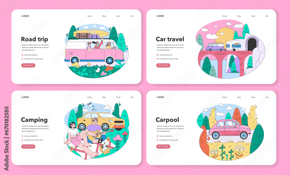 Road trip web banner or landing page set. Young people or family going on vacation by a car. Characters driving automobile on holidays, traveling the world together. Flat vector illustration