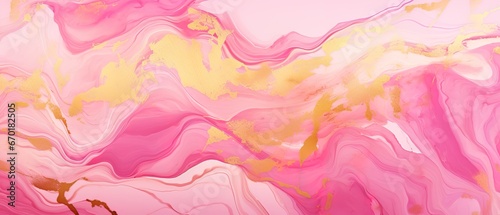 Abstract watercolor paint background illustration - Pink white color and golden lines, with liquid fluid marbled swirl waves texture banner texture