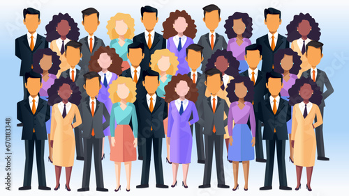 Diversity in work, a large group of business people standing together. Vector illustration in flat style.