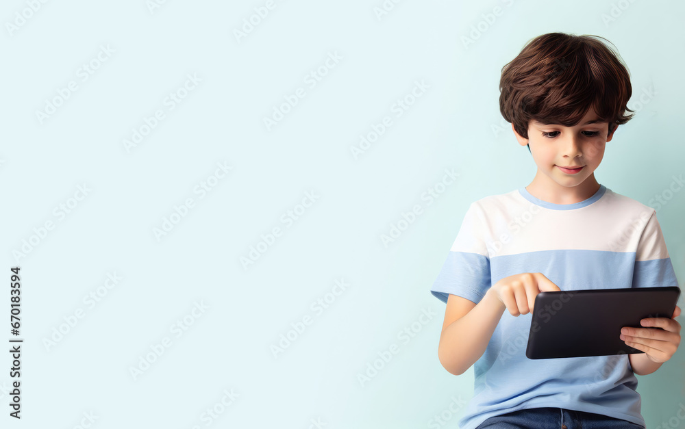 Portrait of a cute kid, child using smart tablet, pad for online education, learning, gaming on a pastel background. Copy space for text, advertising, message, logo Portrait of a cute kid, child using smart tablet, pad for online education, learning, gaming on a pastel background. Copy space for text, advertising, message, logo