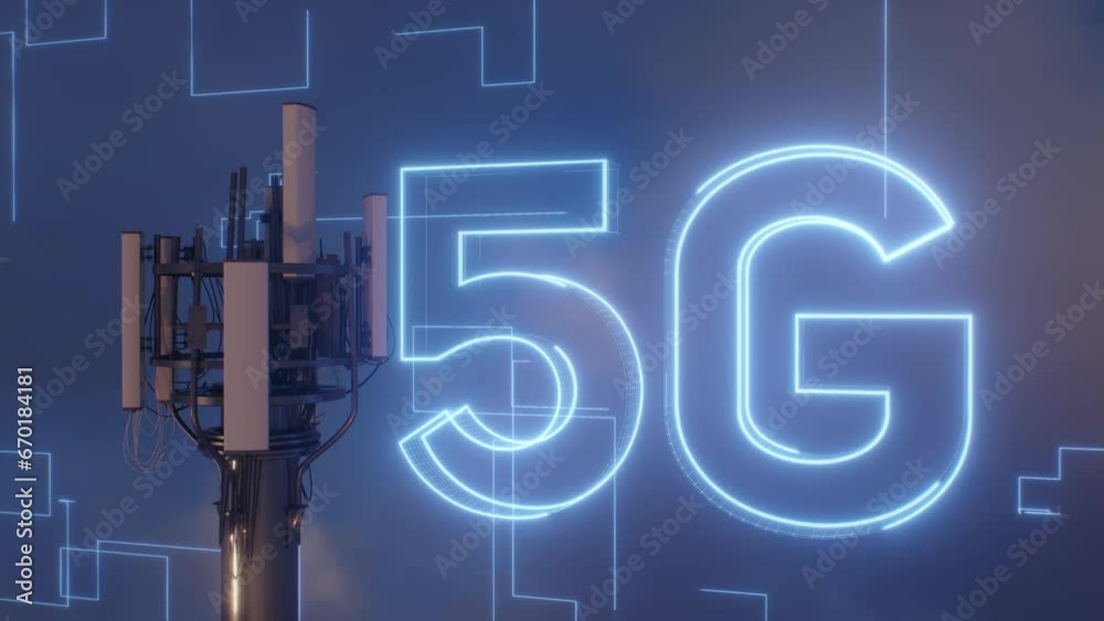 Animation highlighting a 5G cell tower, symbolizing the next leap in connectivity and data transfer speeds in the evolving world of telecommunication.